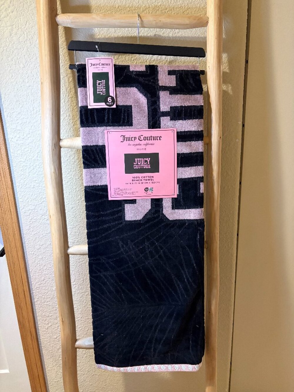 Juicy Couture Beach Towel Pink Black Logo Y2K Coquette Pool 36x72 NWT